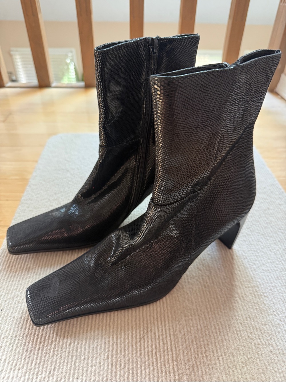 Browns Couture Black Leather Reptile Square Toe Heeled Boots Size 10